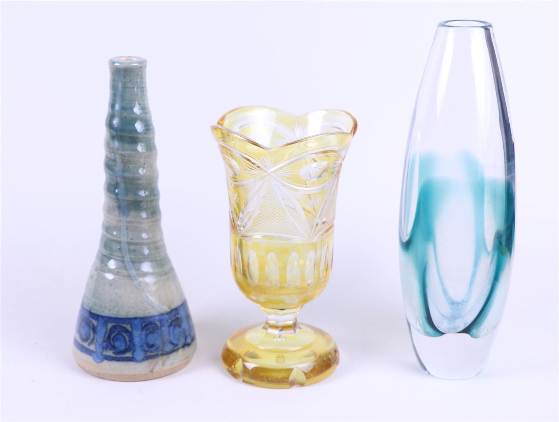 Lot of a Yellow "Bohemian" Goblet Vase, an Earthenware Vase, and a Glass Vase