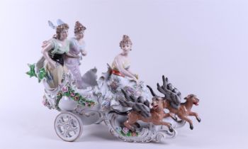 A porcelain group with a mythological scene of the sun chariot with three deities, marked Sitzendorf