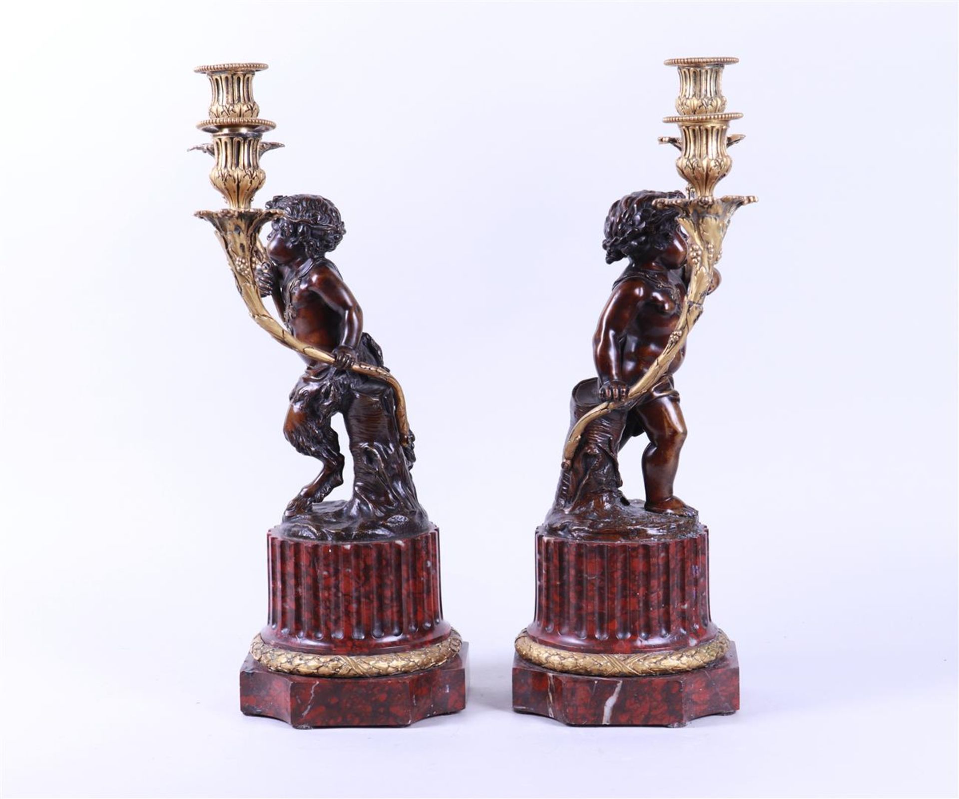 Pair of Bronze Two-Light Candlesticks on Red Marble Bases - Image 2 of 6