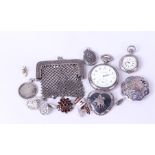 Miscellaneous Lot of Silver Pocket Watches, Brooches, and a Purse