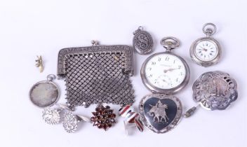 Miscellaneous Lot of Silver Pocket Watches, Brooches, and a Purse