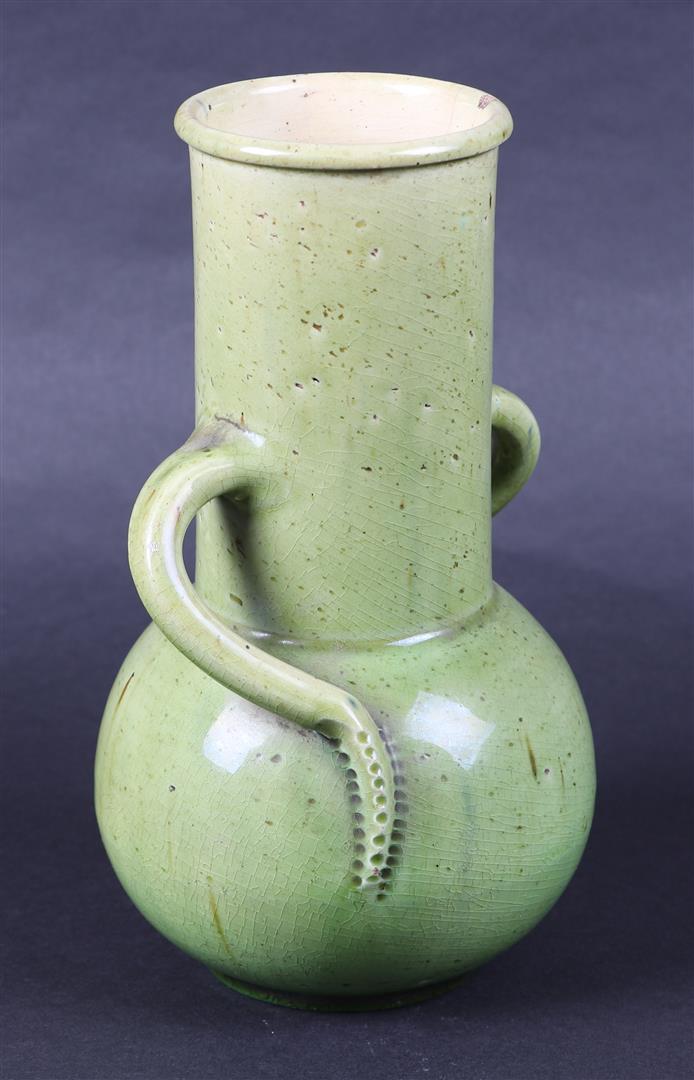 Green glazed earthenware vase with ears, design C.J.van der Hoef - Image 2 of 6