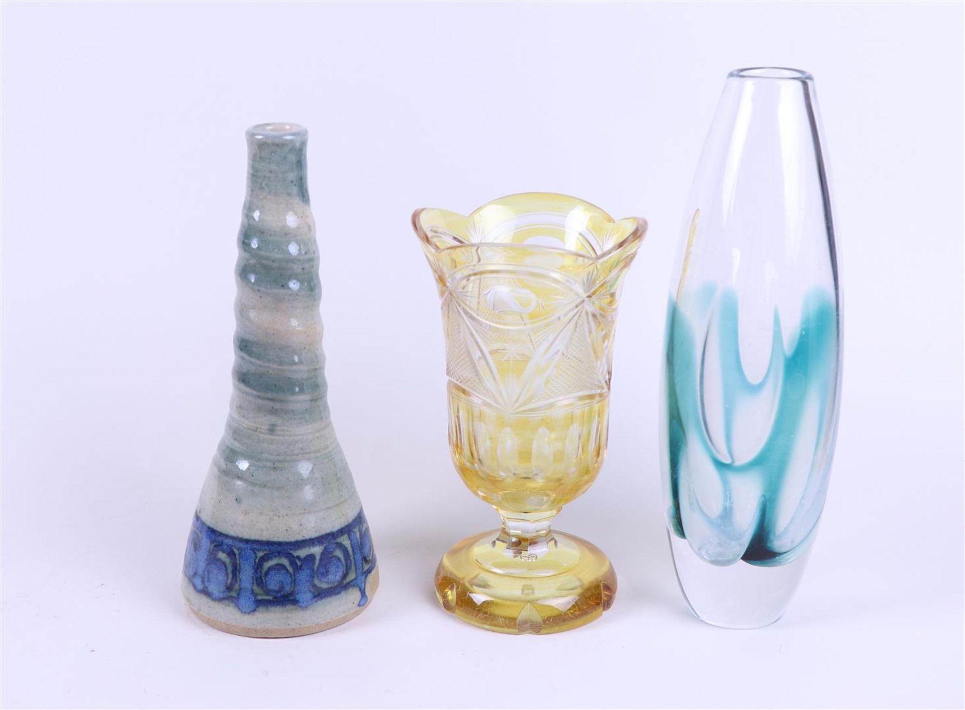 Lot of a Yellow "Bohemian" Goblet Vase, an Earthenware Vase, and a Glass Vase - Image 2 of 3