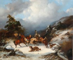 H. Lotar, A winter landscape with travelers attacked by a pack of wolves. signed (bottom right), oil