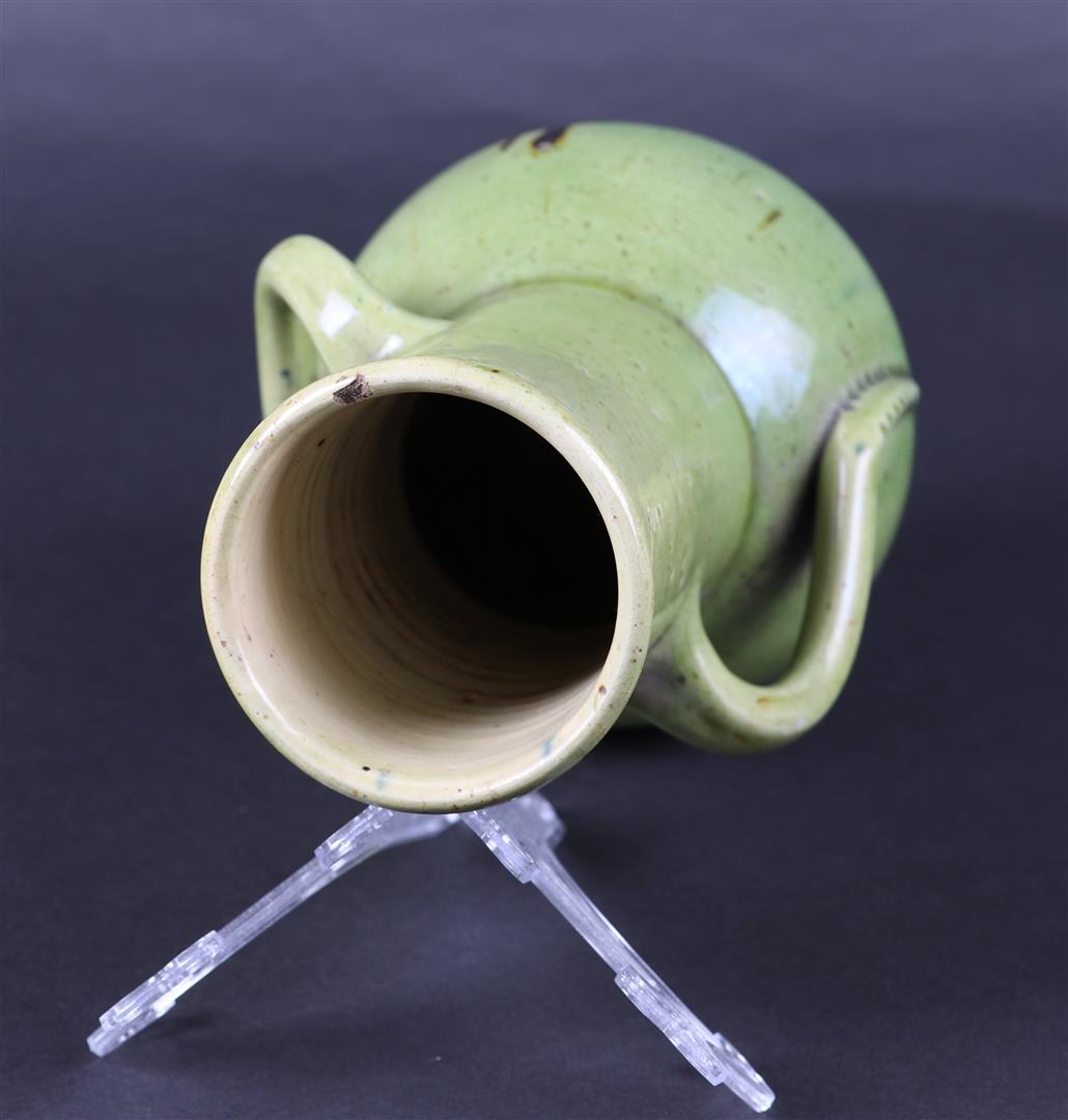 Green glazed earthenware vase with ears, design C.J.van der Hoef - Image 6 of 6