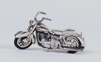 Miniature silver 'Harley Davidson' motorcycle marked with 1st grade sword, 925 and star 175 AR.