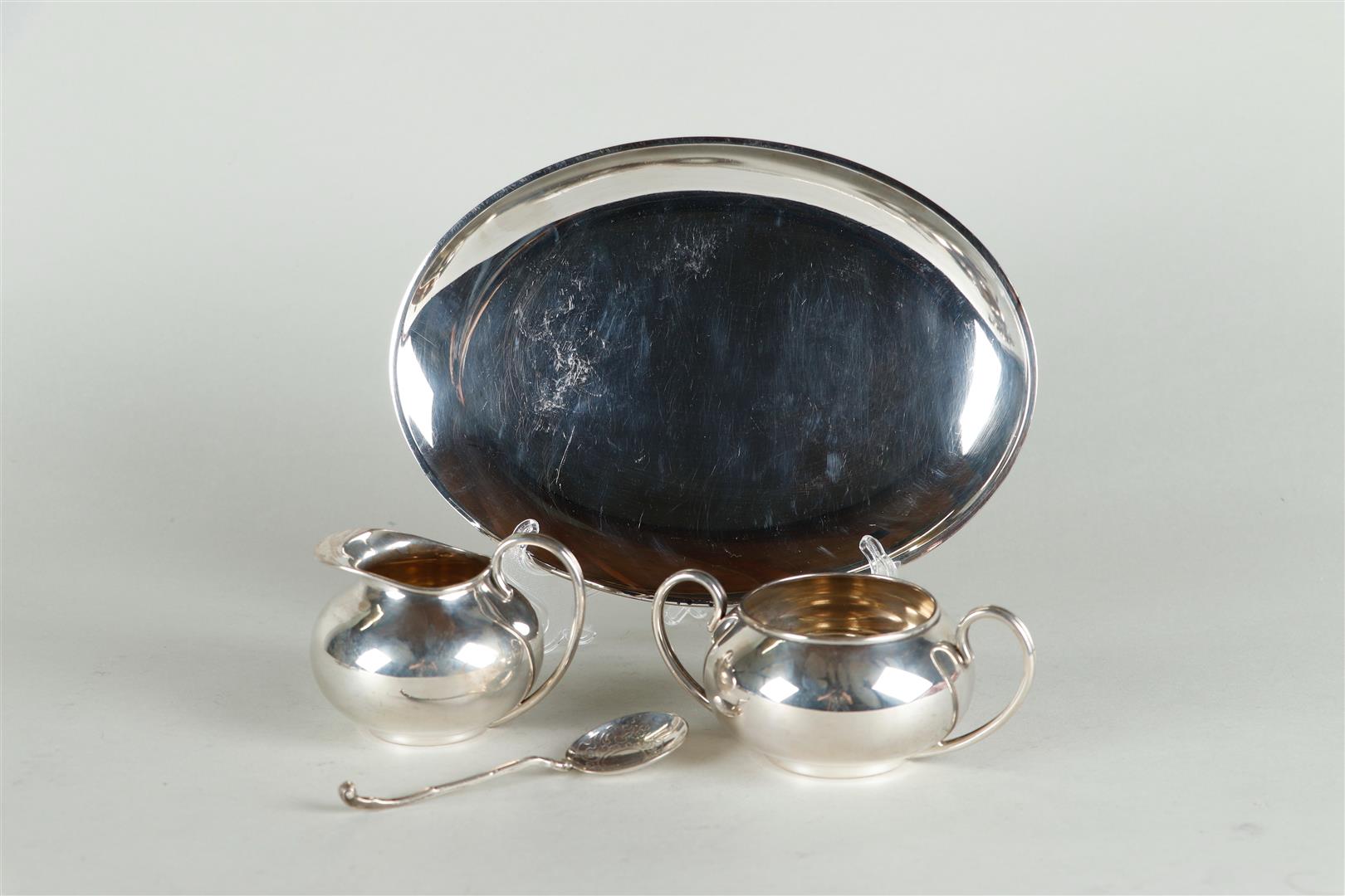 Silver cream set on tray and matching sugar spoon. Marked on the bottom with Voorschoten - Image 2 of 5