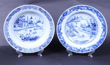 Two porcelain deep plates with river landscape decor with pagoda. China, Qianlong.