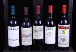 A lot of various Bordeaux wines including Rotschild and Chatteau Fourcas Ferrari label 1979.