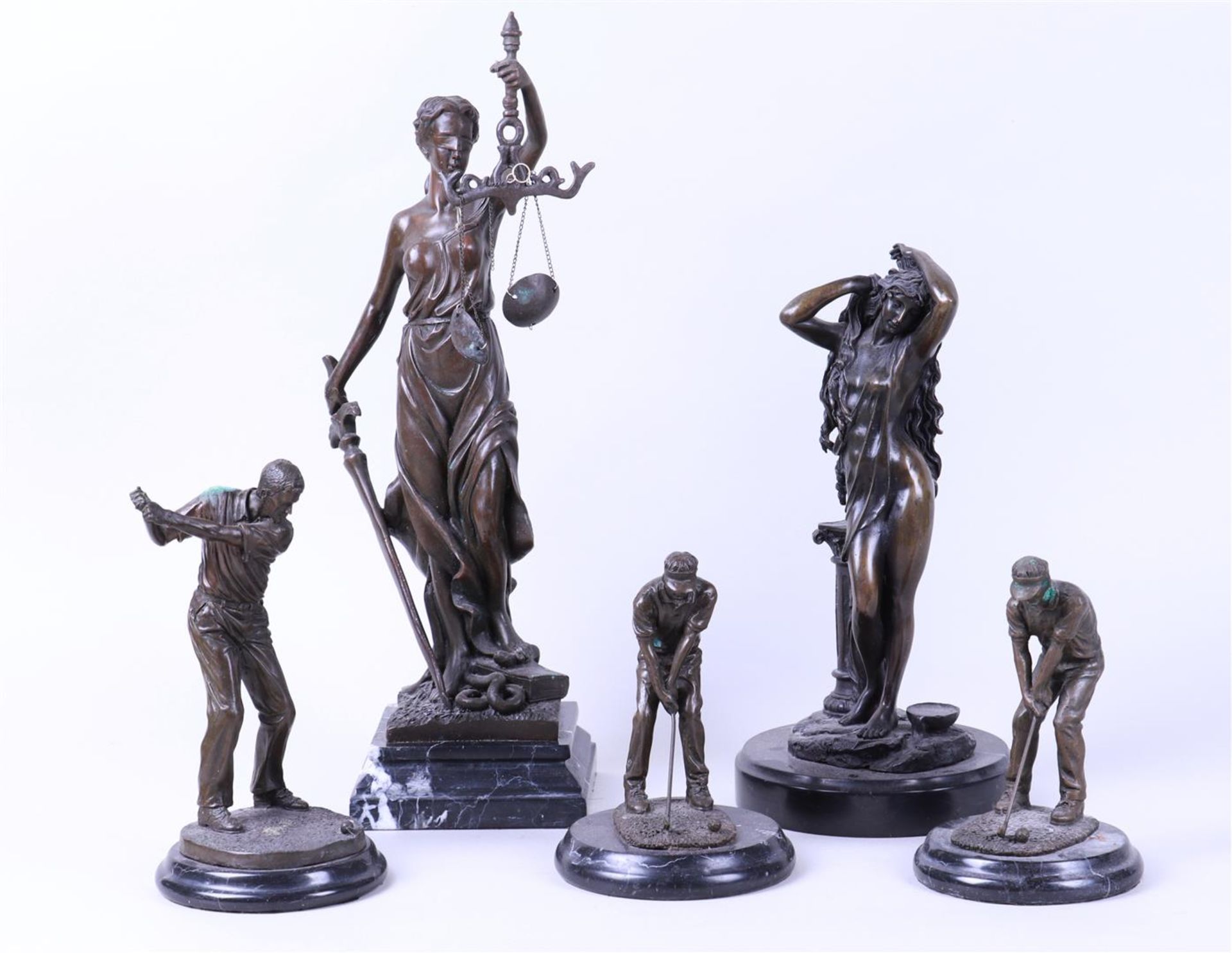 A lot consisting of (5) various bronze statues