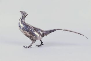 Silver table piece pheasant, silver content 830, marked with crescent and crown, origin Germany.