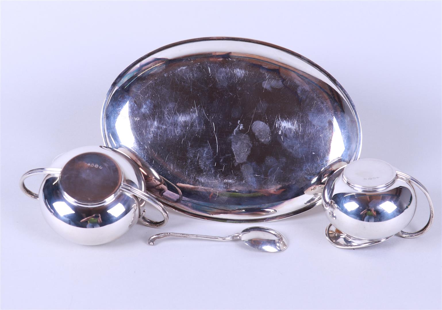 Silver cream set on tray and matching sugar spoon. Marked on the bottom with Voorschoten - Image 5 of 5