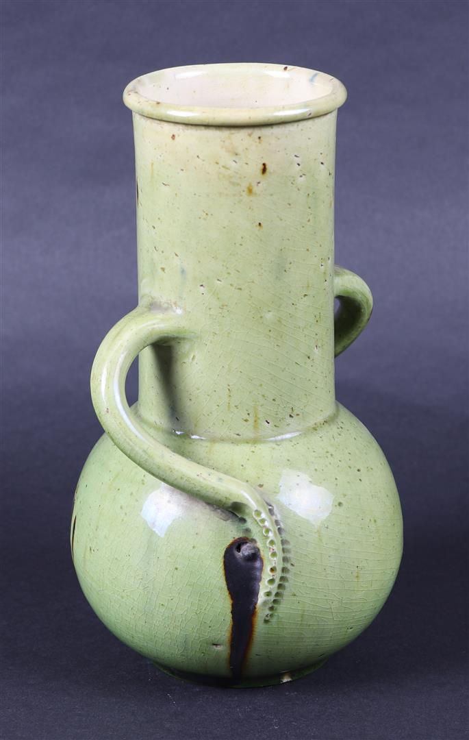 Green glazed earthenware vase with ears, design C.J.van der Hoef - Image 4 of 6