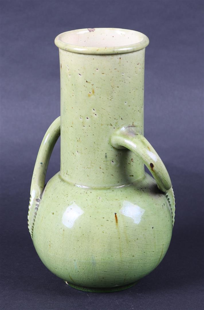 Green glazed earthenware vase with ears, design C.J.van der Hoef - Image 3 of 6