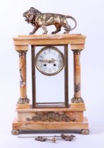 Marble Column Mantel Clock with a Roaring Lion (Ca. 1880)
