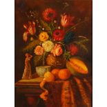 Signed, C. Latour, XXth, Still life of flowers on a plinth, signed (bottom left), oil on panel.
