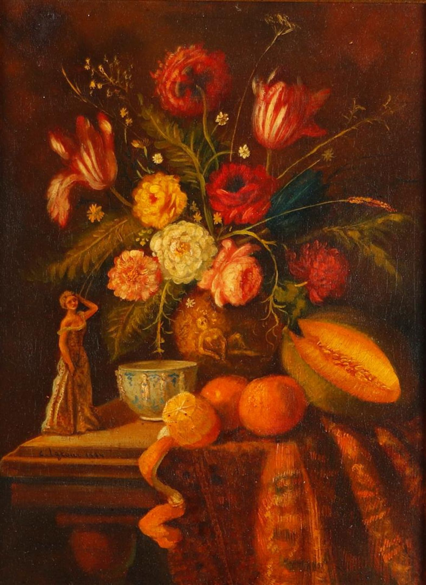 Signed, C. Latour, XXth, Still life of flowers on a plinth, signed (bottom left), oil on panel.
