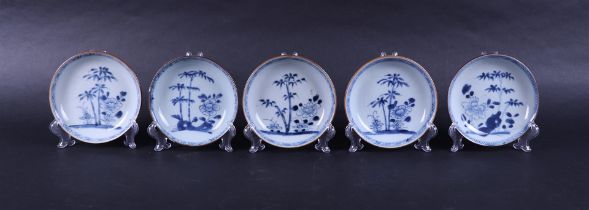 Five porcelain plates with peony and bamboo decor and capuchin exteriors. China, Qianlong.