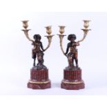 Pair of Bronze Two-Light Candlesticks on Red Marble Bases