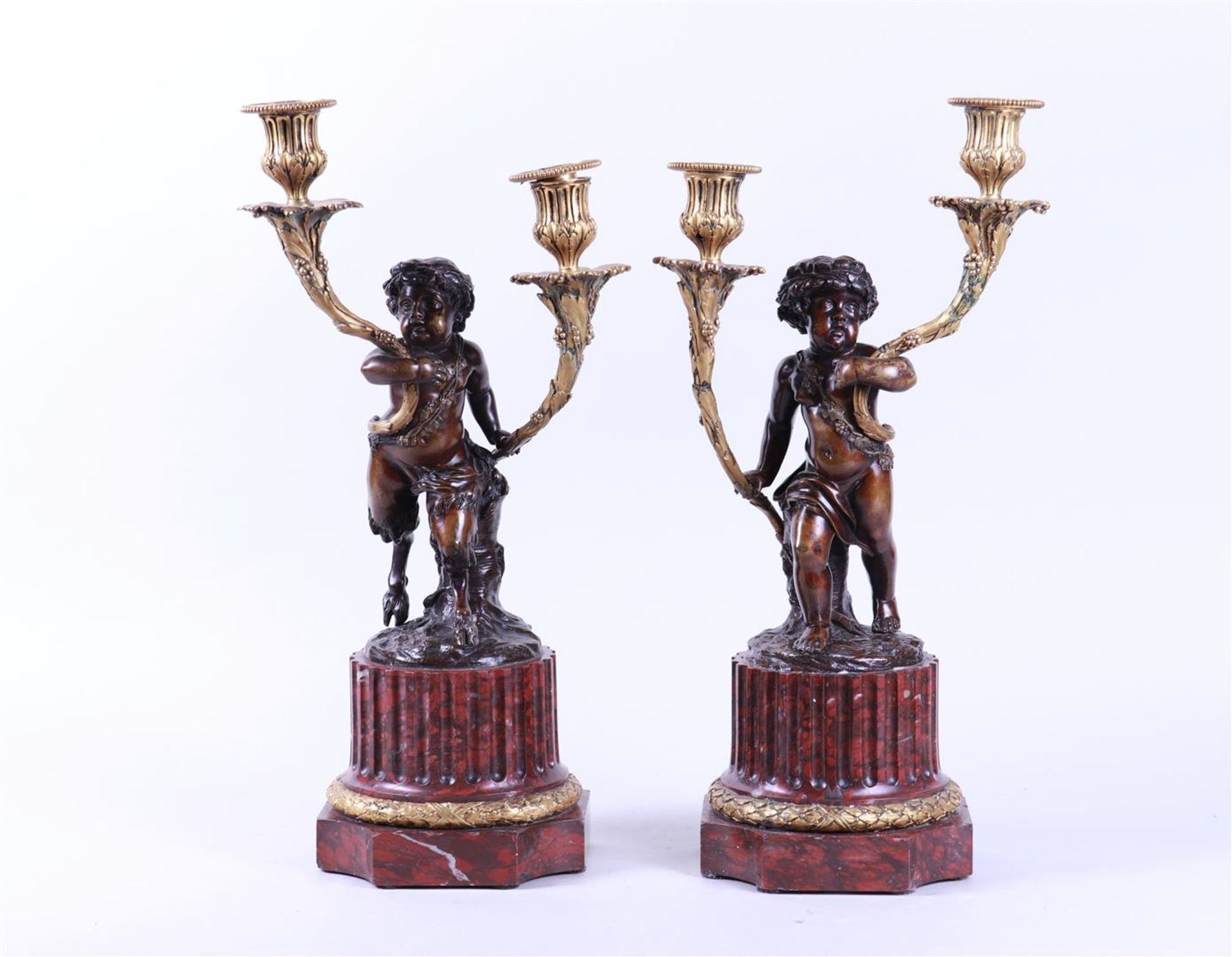 Pair of Bronze Two-Light Candlesticks on Red Marble Bases