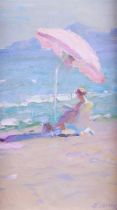 Unclearly signed (bottom right), Beach scene with woman under parasol,oil on board.