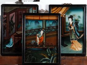 Three glass paintings in frame, various representations of ladies-in-waiting. China, 1st half of the