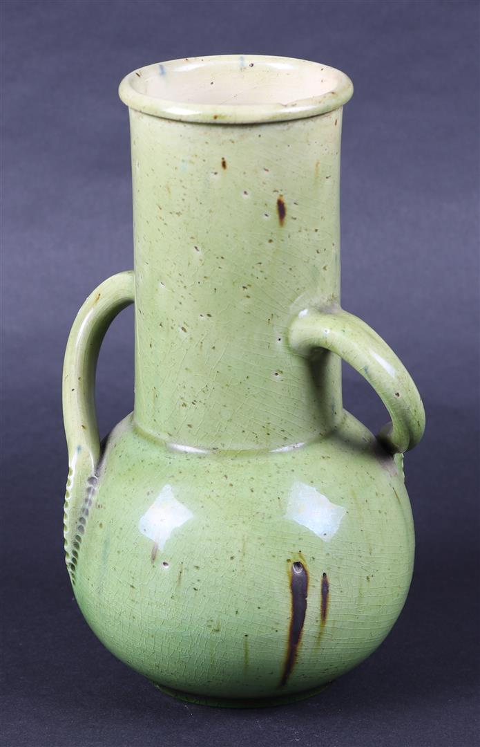 Green glazed earthenware vase with ears, design C.J.van der Hoef