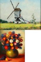 A. Watterschoot, XXe, A mill in a landscape; Still life of flowers. both signed, oil on panel.