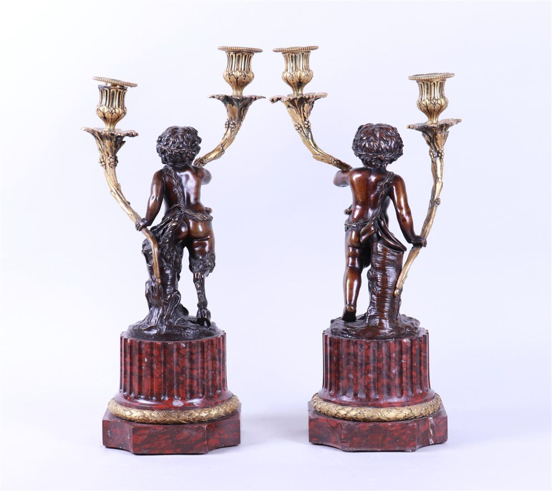 Pair of Bronze Two-Light Candlesticks on Red Marble Bases - Image 3 of 6