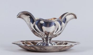 A silver sauce boat, marked 'A Roesner Dresden', and '800'.