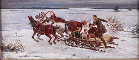 Janus Wolski, 19th century, "Fahrt zur Jagd" / Troika in the snow, signed (lower left), oil on panel