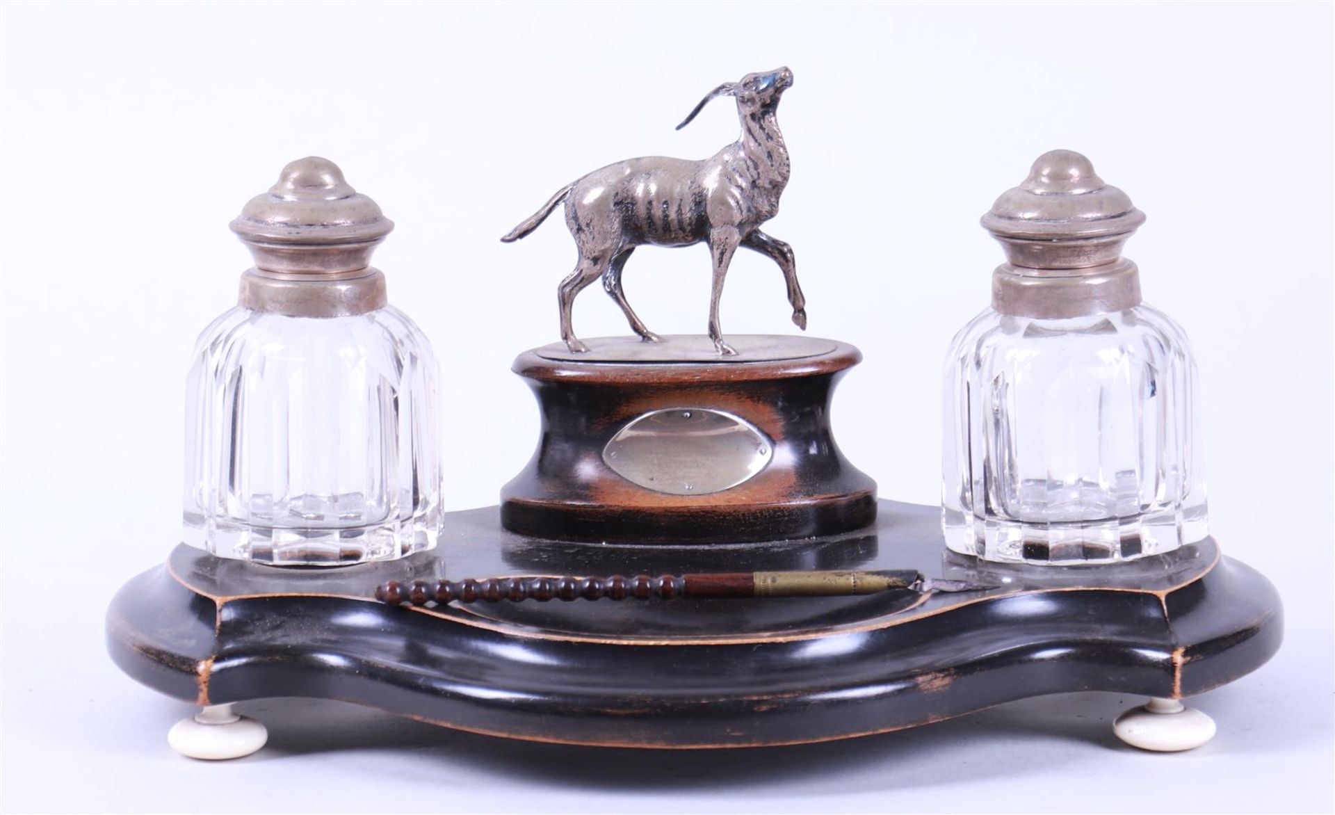 19th Century Inkstand with Silver Deer and Lids on Jars