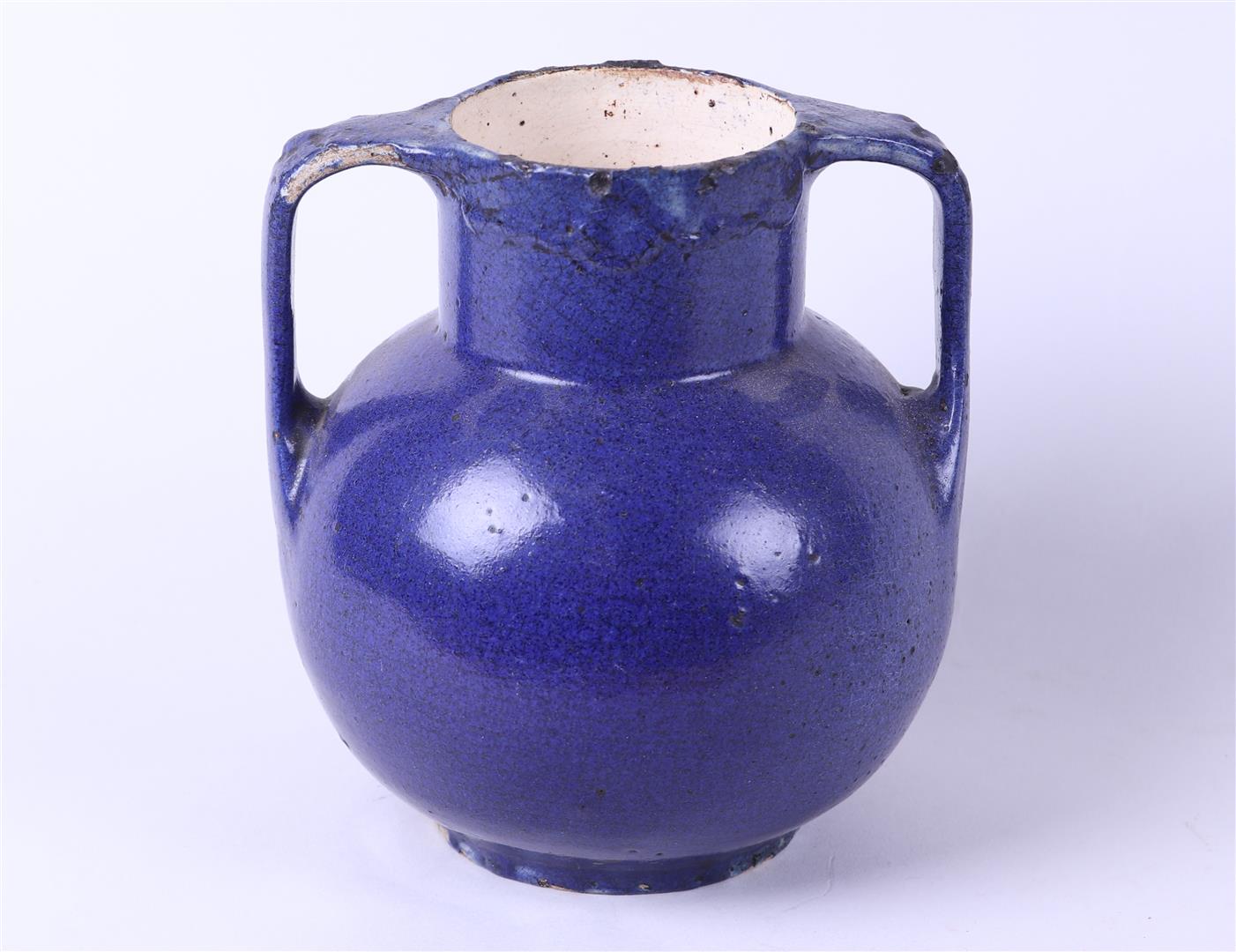 Blue-glazed earthenware ear vase, design C.J.van der Hoef, executed by de Kat Bergen op Zoom.
 - Image 3 of 6