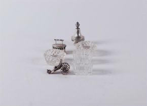 A lot consisting of three silver miniatures (one damaged), plus two sets of cut glass salt cellars. 