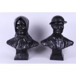 A set of (2) dark patinated bronze busts of a dome and his wife. 