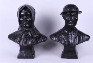 A set of (2) dark patinated bronze busts of a dome and his wife.