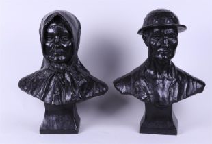 A set of (2) dark patinated bronze busts of a dome and his wife. 