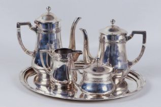 A four-piece coffee/tea set with curved model; Coffee pot, teapot, milk jug and sugar bowl