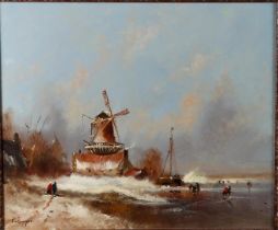 Hollande School, 20th century, Winter landscape with windmill and skaters on the ice. signed 'A. van