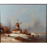 Hollande School, 20th century, Winter landscape with windmill and skaters on the ice. signed 'A. van