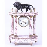 Majestic Lion-Topped Marble Column Clock: A 19th Century Mantel Timepiece