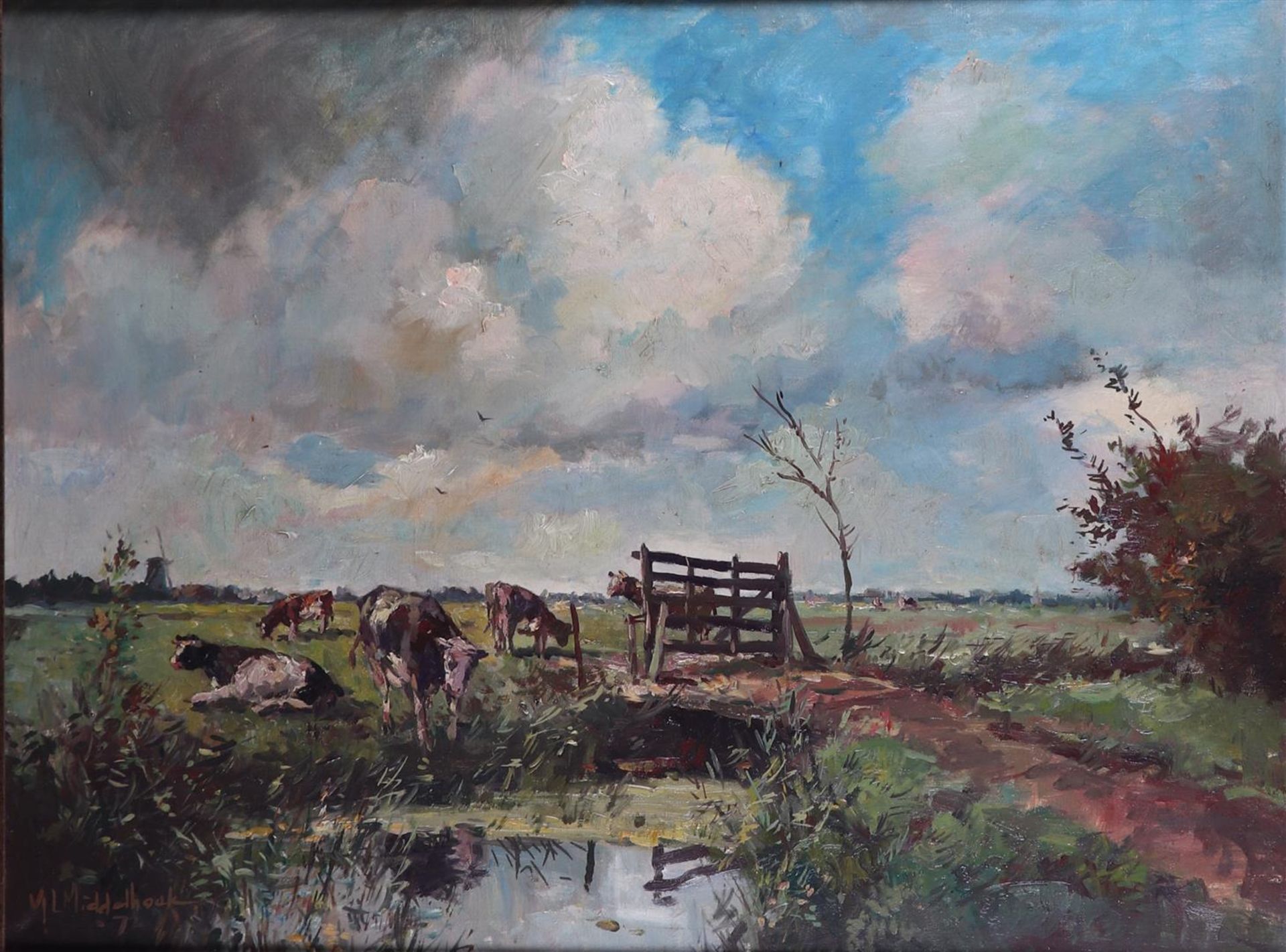 Martinus Leonardus Middelhoek (Zwijndrecht 1898 - 1986 Brielle), Grazing cattle near a fence,