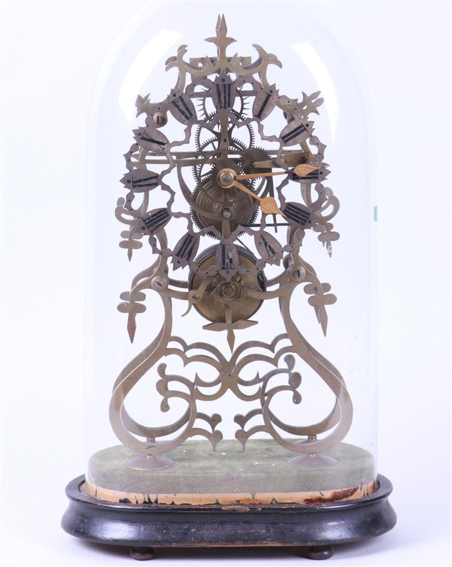 Brass Skeleton Clock Under an Antique Glass Bell Jar