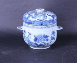 A porcelain lidded pot with two flat handles, with floral decor and beds in which playing fools can