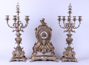 Large Cast Brass Clock Set (Two 5-Armed Candlesticks and Mantel Clock, France, Ca. 1890)