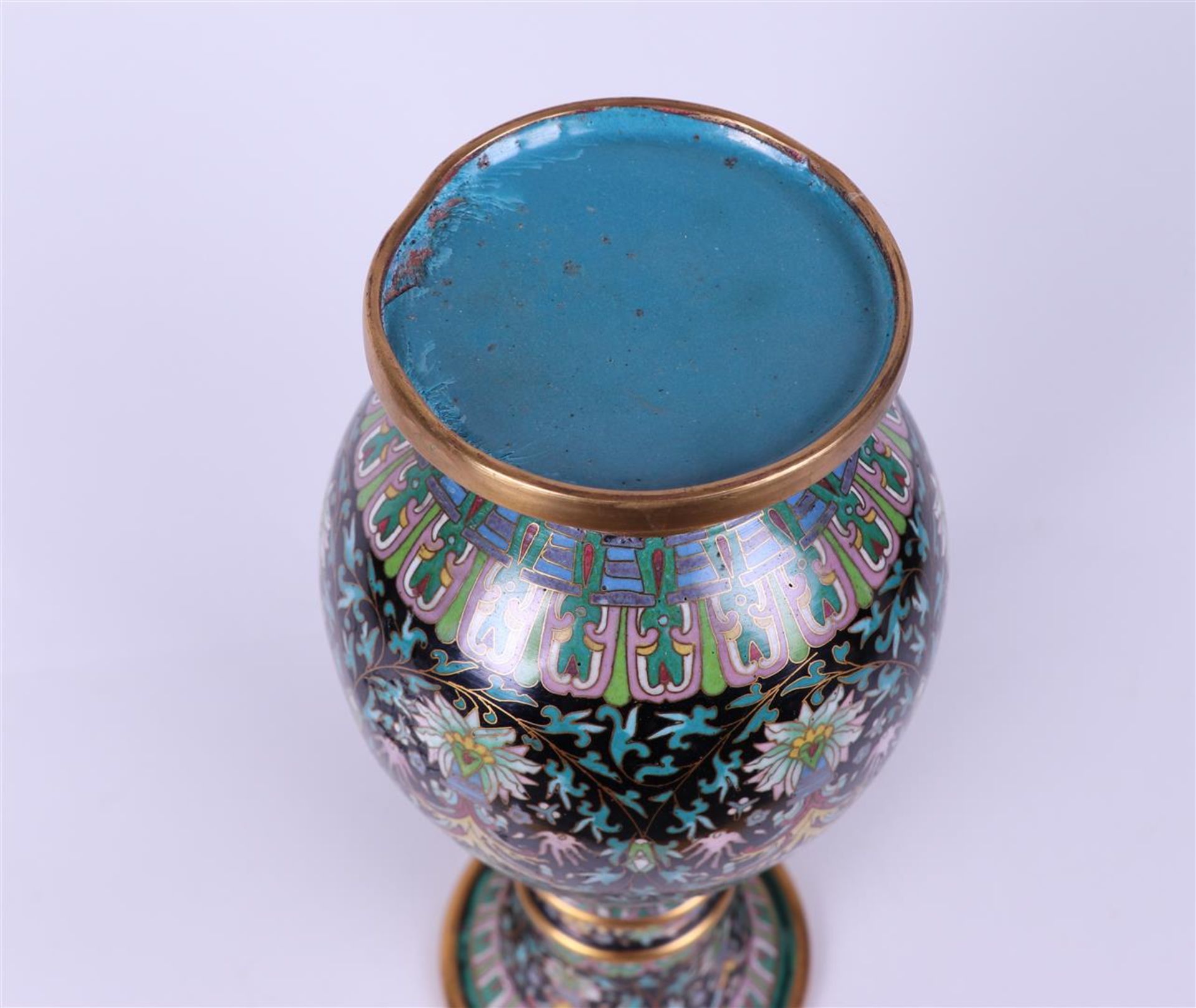 A cloisonne vase on a wooden base with floral decor. China, 20th century.
 - Image 4 of 4