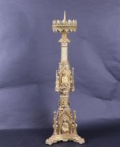 Neo-Gothic Ormolu Altar Candlestick with Images of Church Fathers (Approx. 1880)