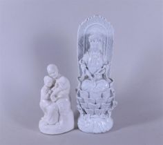 A set of two blanc de chine figures, one of a Buddha and one of a father with child. China, 20th cen