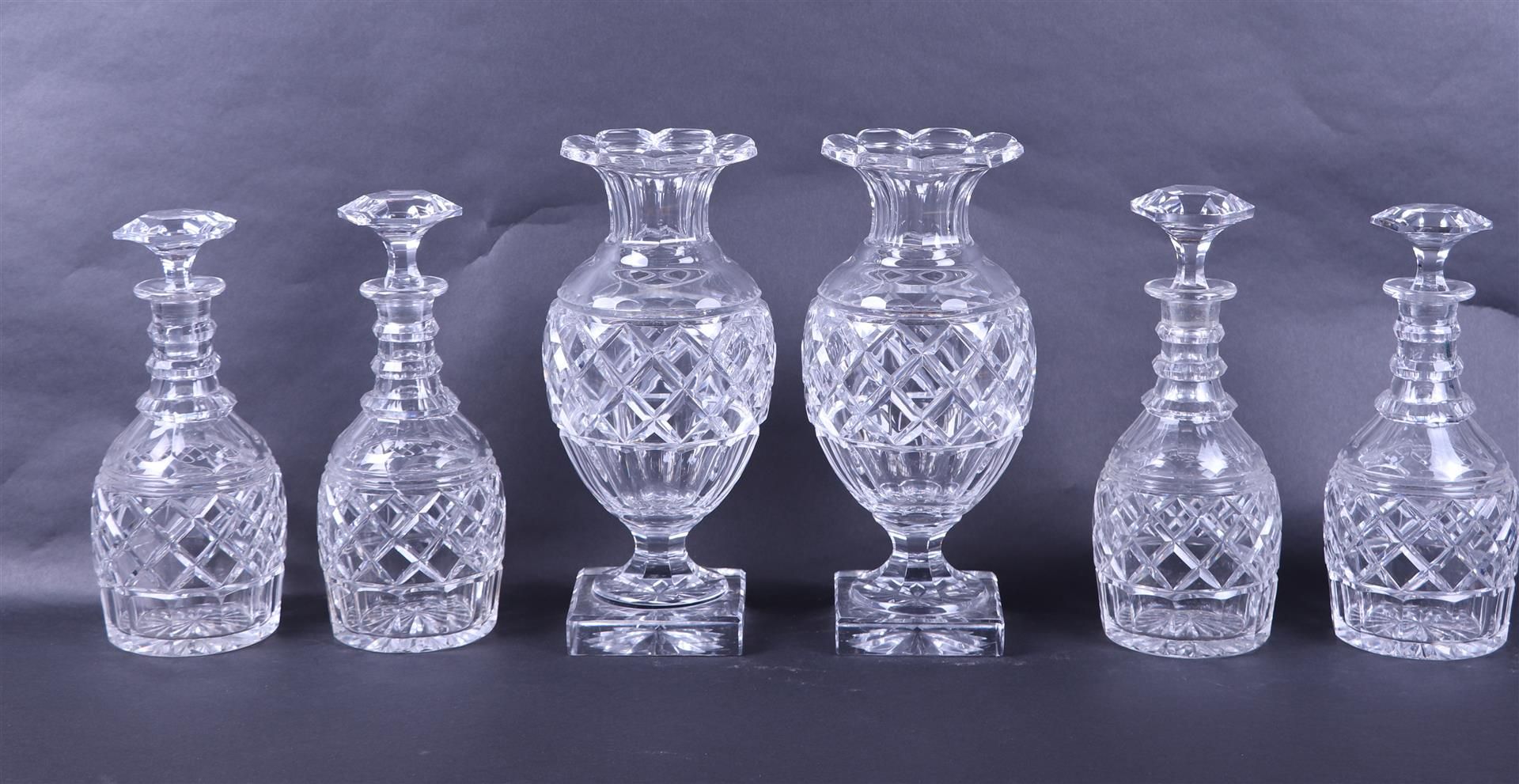 Lot of 4 Cut Crystal Decanters with Stoppers and a Pair of Baluster Vases
