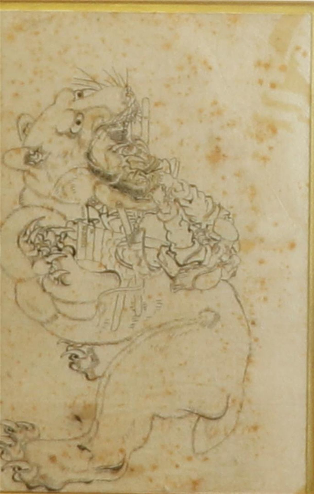 A Japanese woodcut depicting a warrior slaying a bear